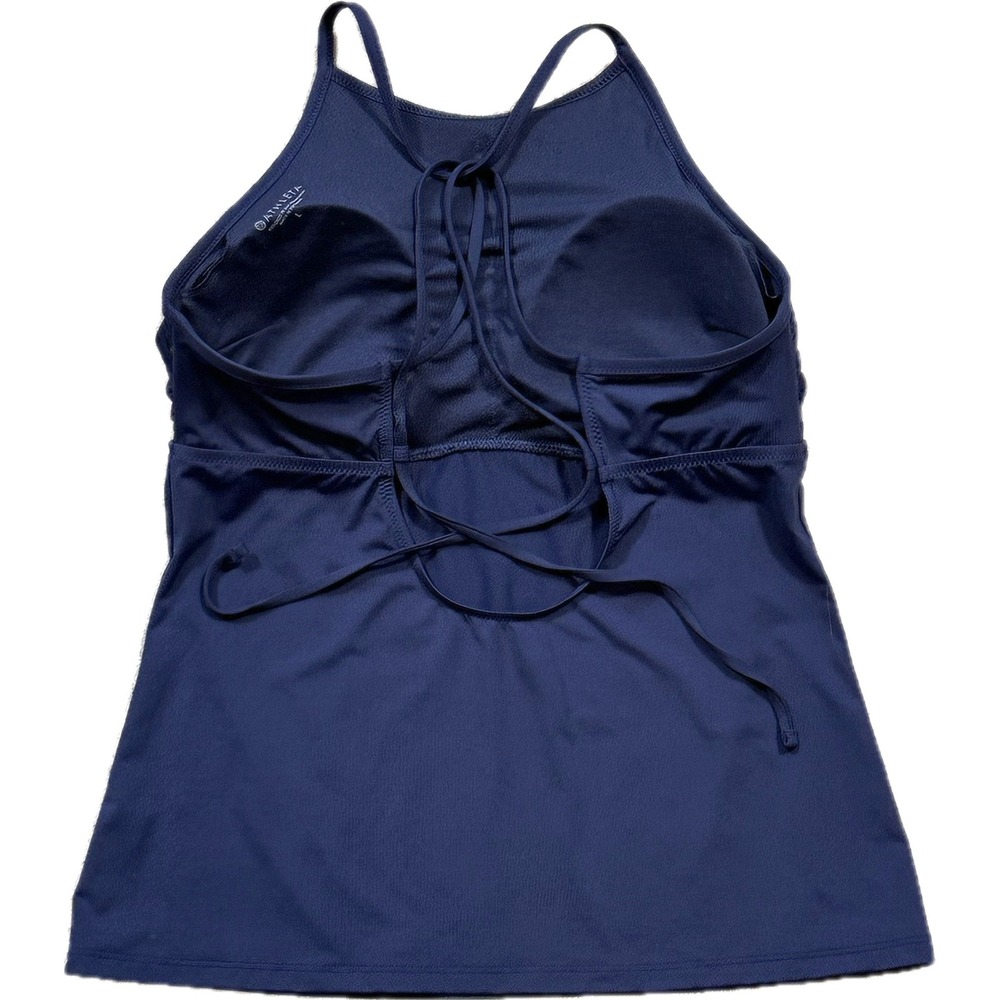 Athleta Piha High Neck Tie Back Tankini Top Size Large Navy Blue Swimwear 384000